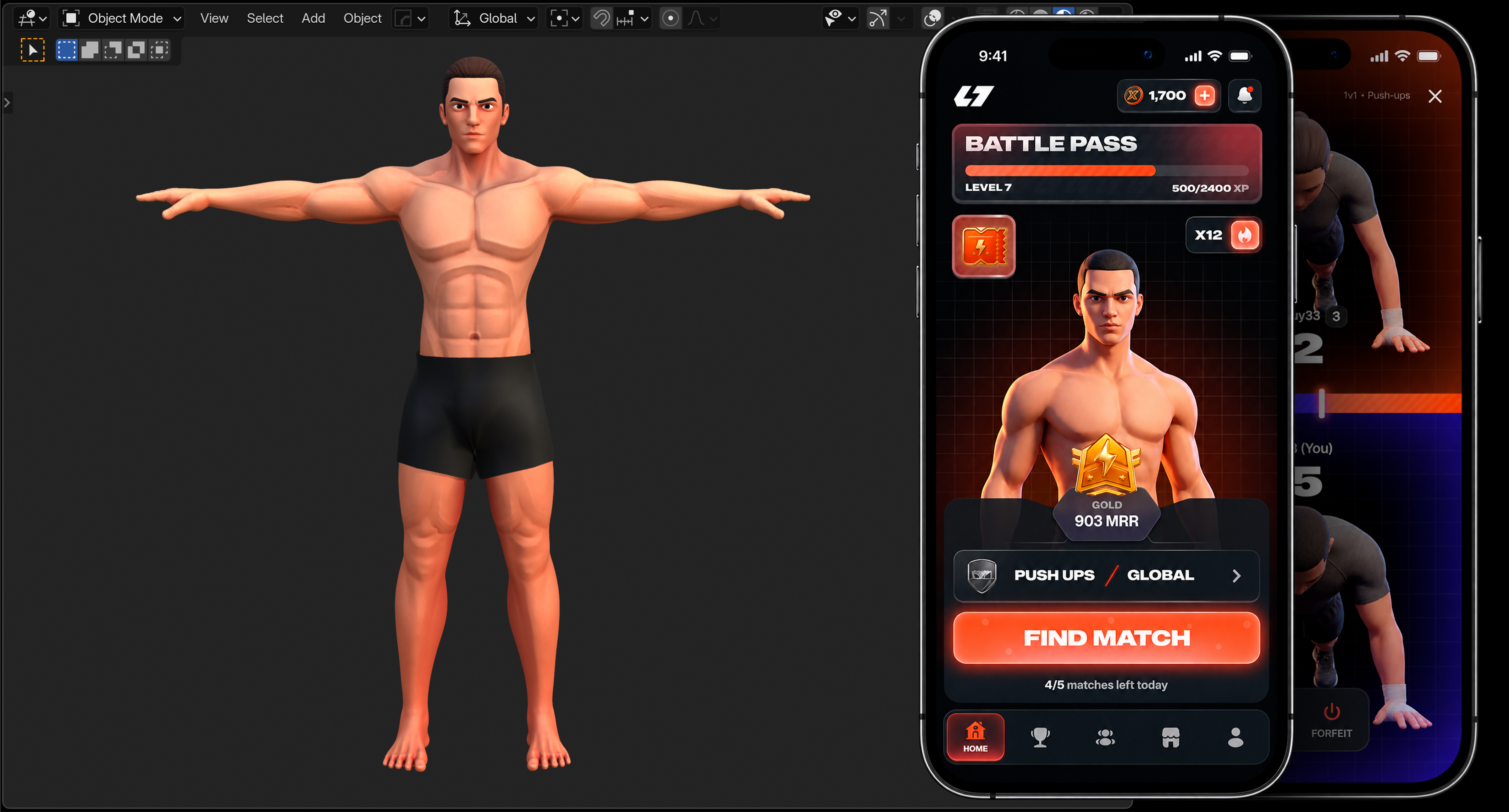 RepClash game key visual featuring a player model and mobile game screens