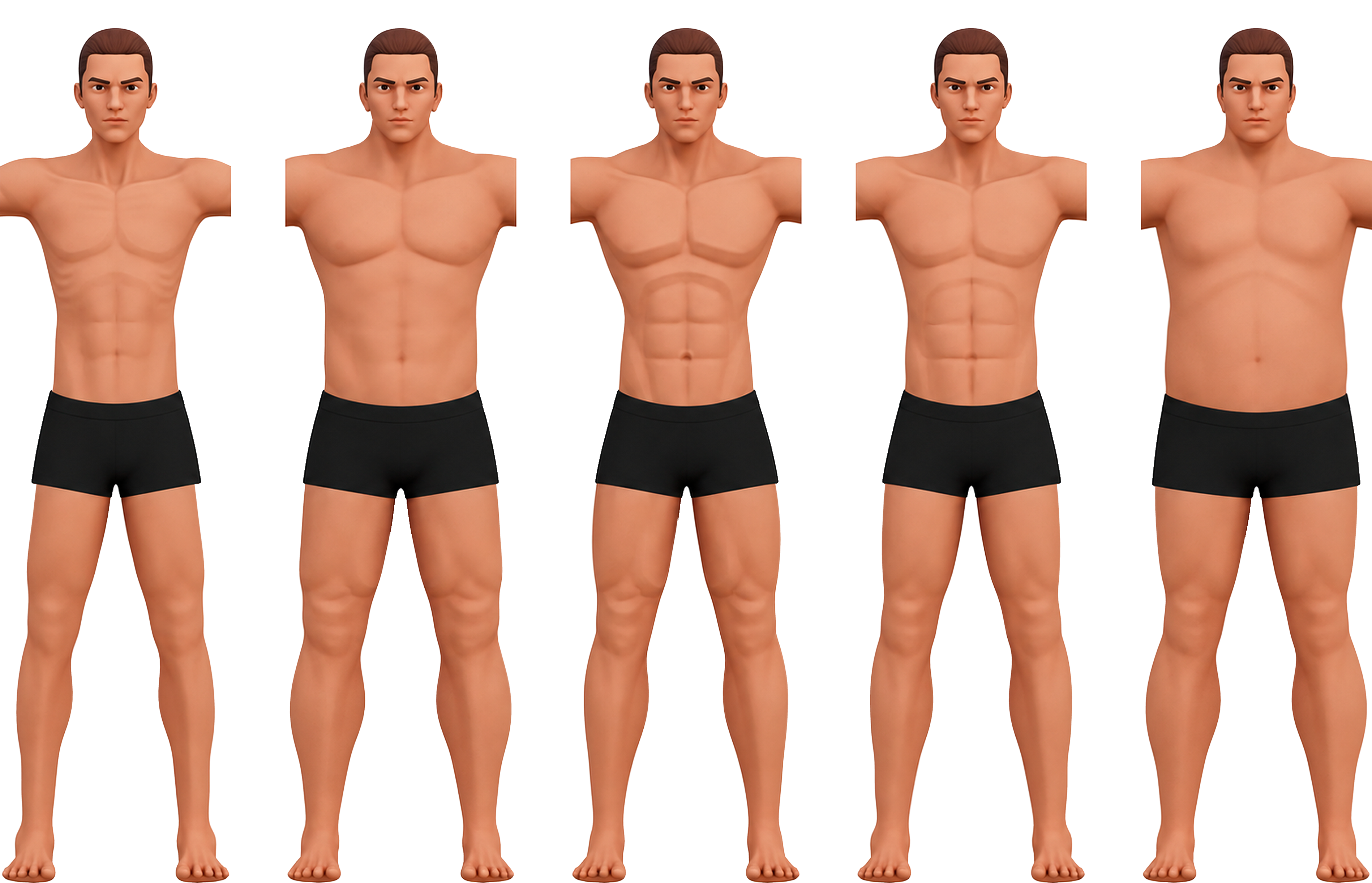 Five male RepClash body types in matching black shorts